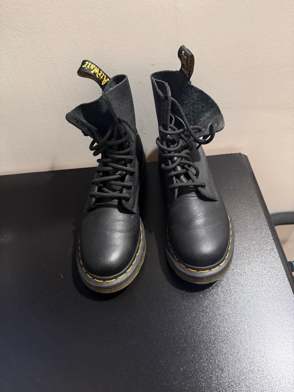 Dr. Martens Black Leather Lace-Up Boots with Yellow Stitching